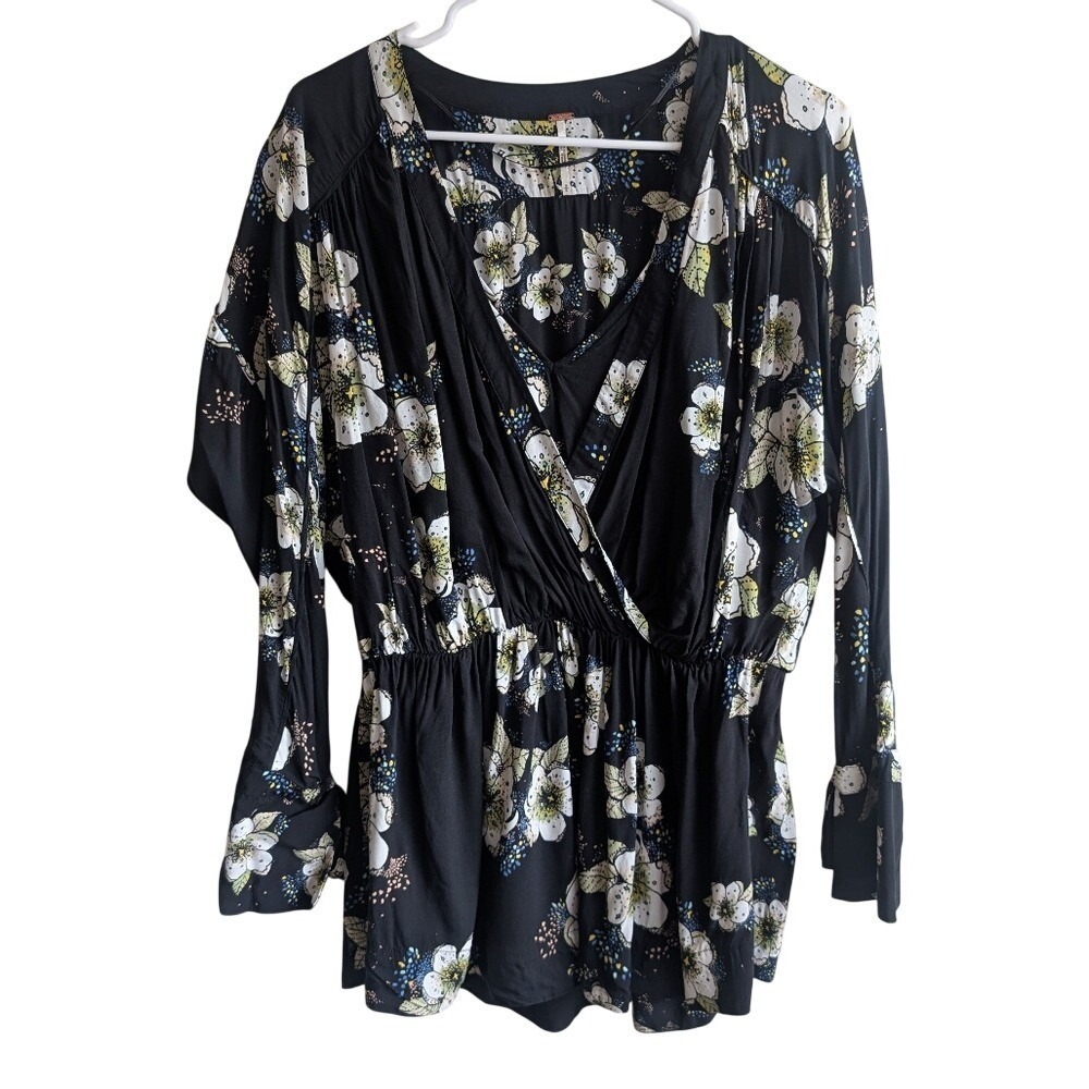 Free People Whimsy Boho Free Spirited Dark Floral Peplum Long Sleeve Blouse
